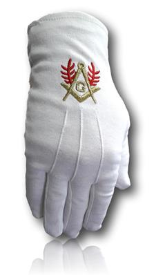 Gants Blancs 3 Griffes Équerre Compas "G" Dore Acacia Rouge